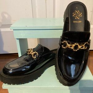 Sam & Libby Glossy Black Loafers with Gold Accent